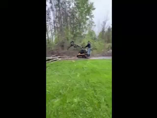 F&B crew member running a tracked mini loader to haul brush along a treeline